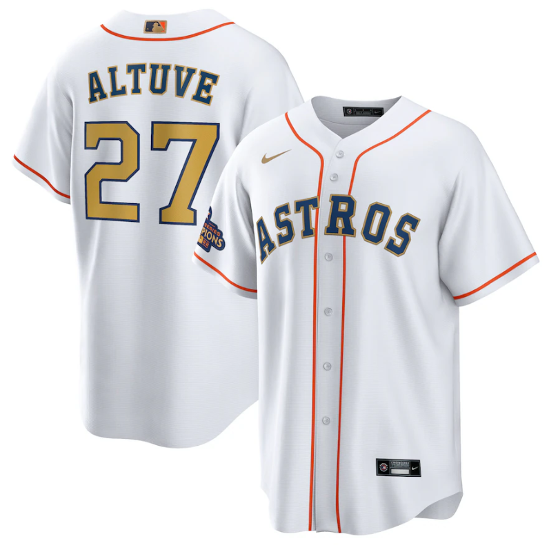 Youth Houston Astros #27 Jose Altuve White 2023 Gold Collection With World Serise Champions Patch Stitched Baseball Jersey